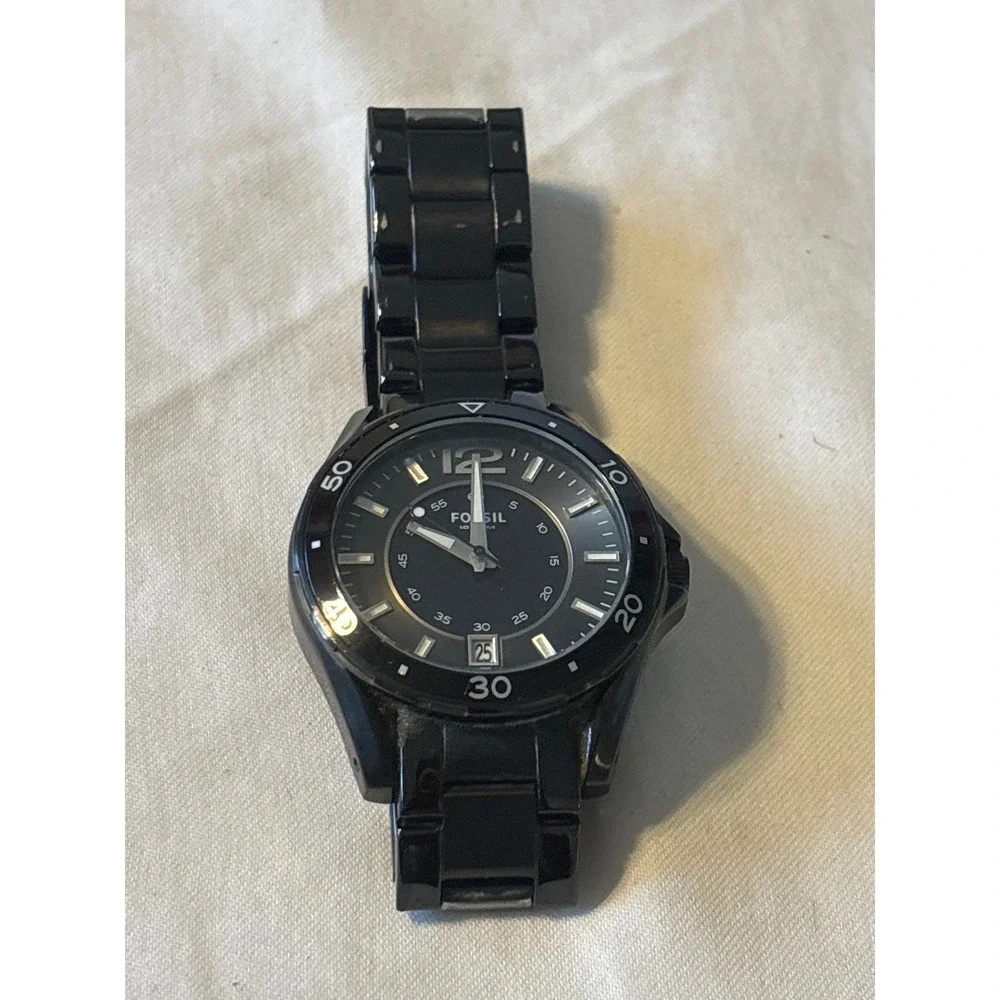 Fossil Watch AM-4302 Mens OS Black Good Stainless Steel Analog Date‎ 10 ATM